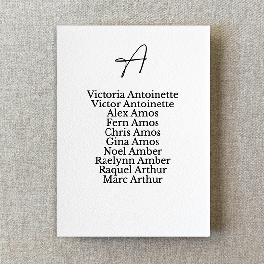 Script Alphabetical Watercolor Paper Seating Chart Cards