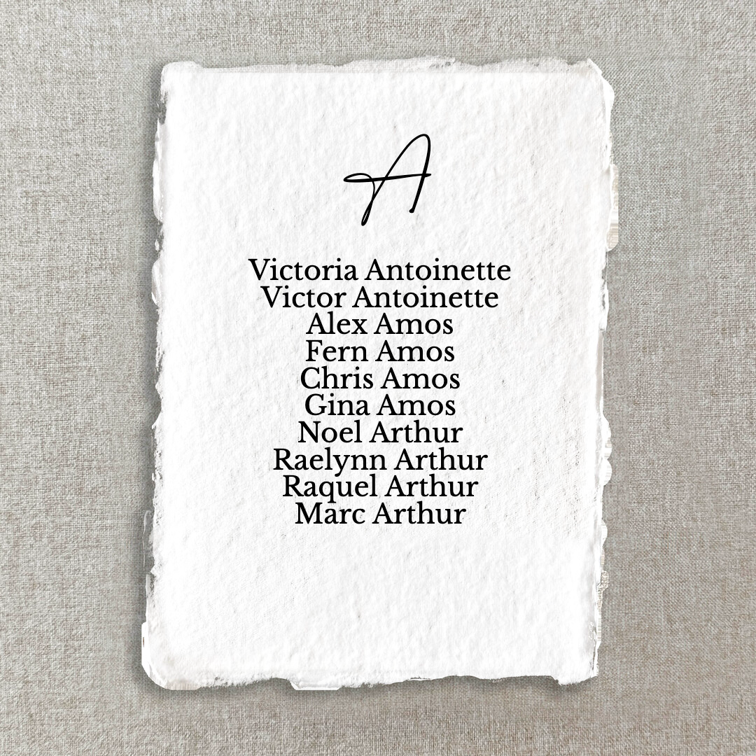 Alphabetical Handmade Paper Seating Chart Cards