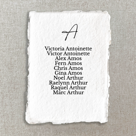 Alphabetical Handmade Paper Seating Chart Cards