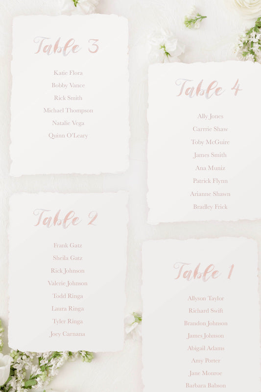 Blush Handmade Paper Seating Chart Cards | Printed