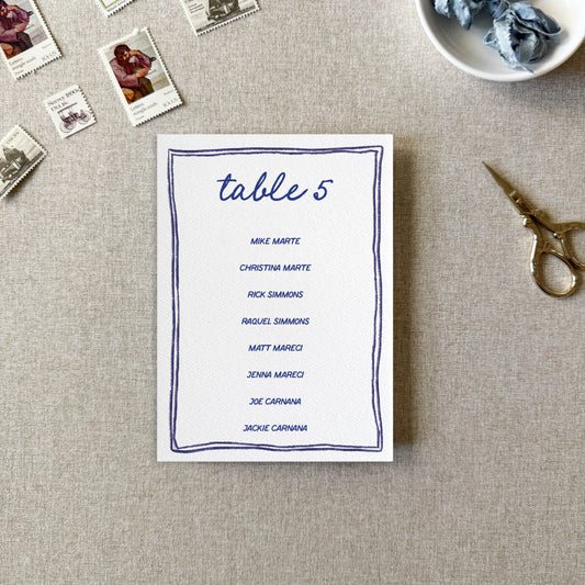 Blue Whimsical Doodle Seating Chart Cards | Printed