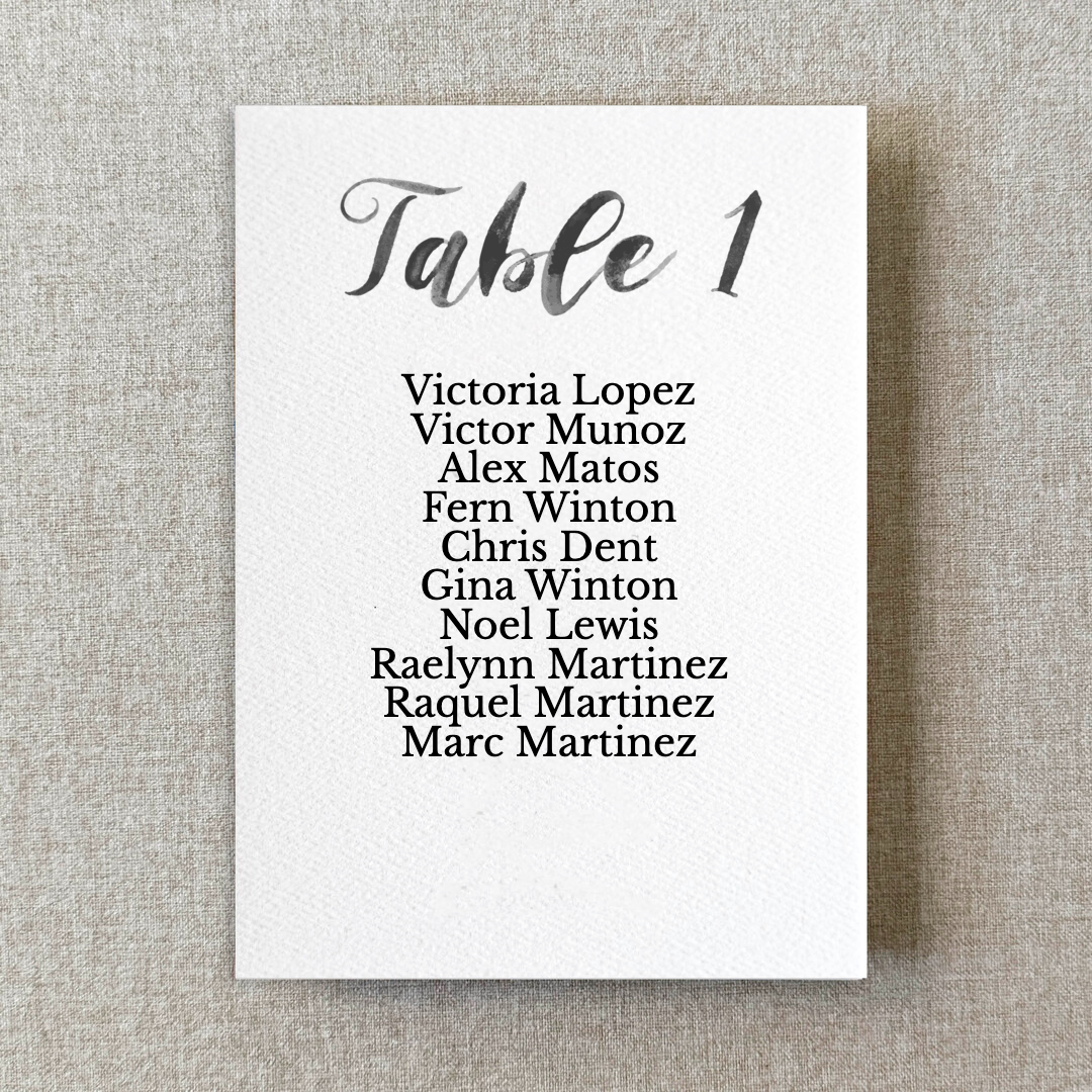 Black Watercolor Paper Seating Chart Cards