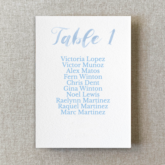 Dusty Blue Watercolor Paper Seating Chart Cards