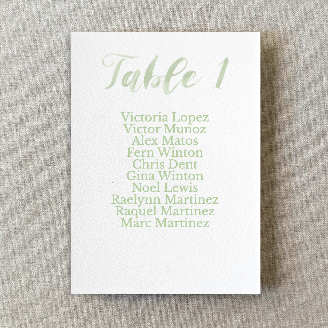 Green Watercolor Paper Seating Chart Cards