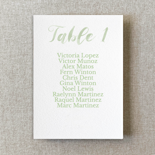Green Watercolor Paper Seating Chart Cards