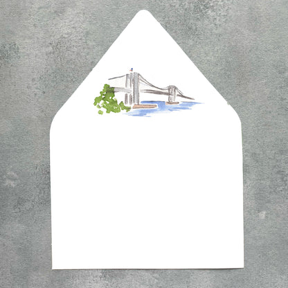 New York City Brooklyn Bridge Watercolor Euroflap Envelope Liner | Set of 10 | For 5x7” invitations