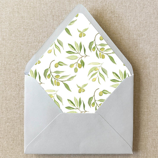 Italy Olive Branches Envelope Liner on linen background