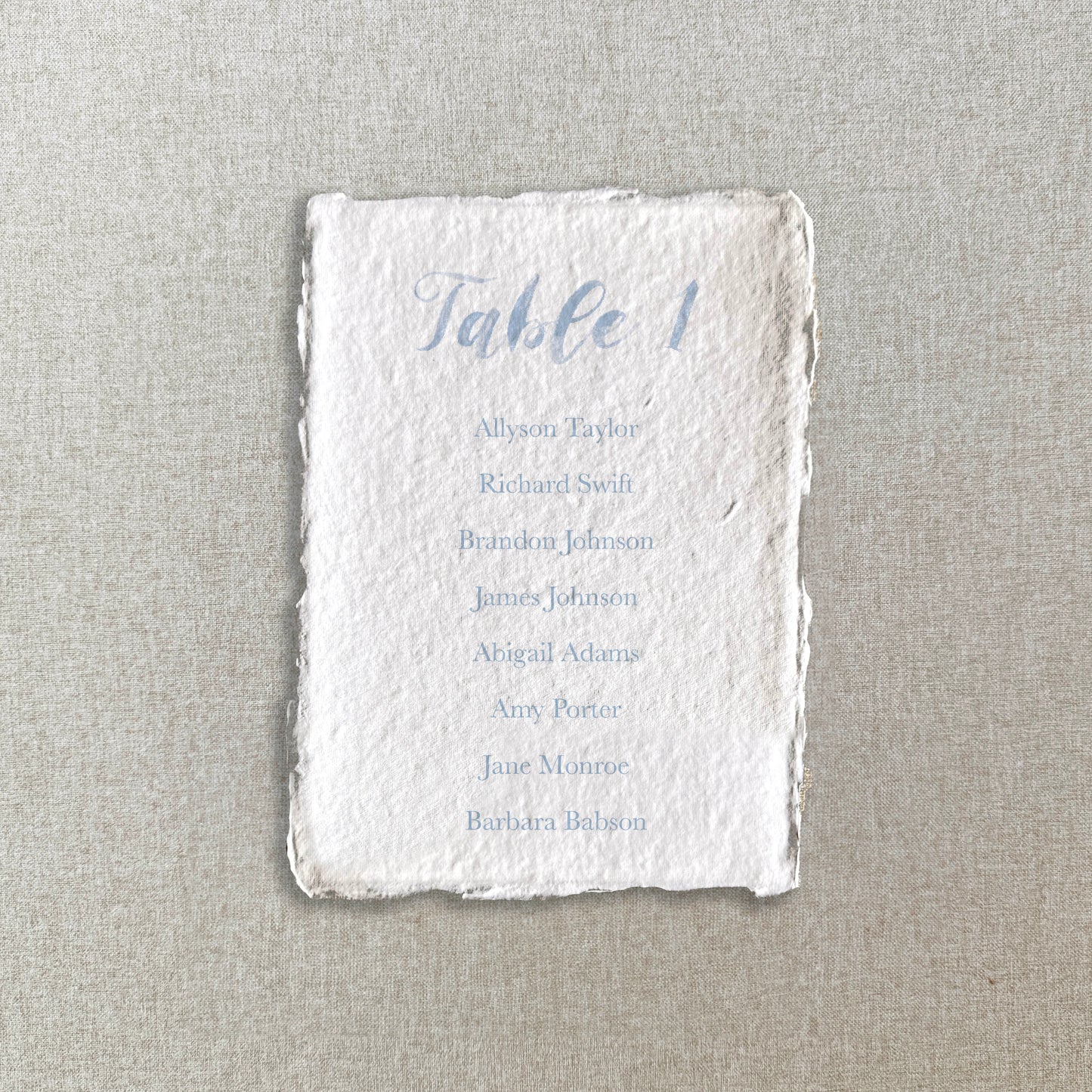 Dusty Blue Handmade Paper Seating Chart Cards | Printed