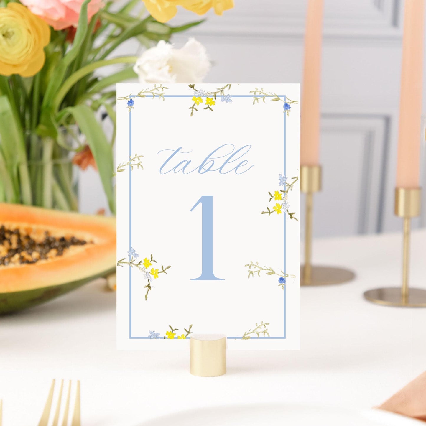 Blue and Yellow Floral Watercolor Table Numbers | Watercolor Paper