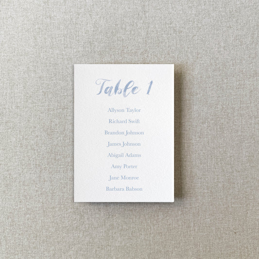 Dusty Blue Watercolor Paper Seating Chart Cards | Printed