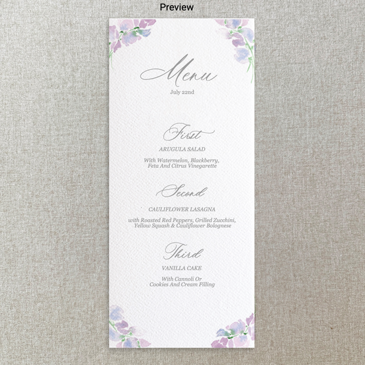 Purple Pea Flower Floral Menu