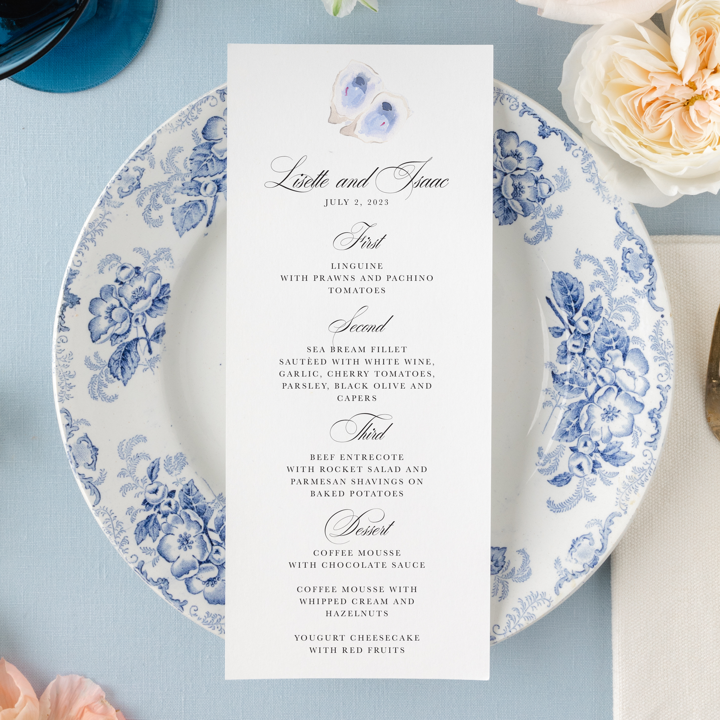 Semi-custom Oyster Watercolor Wedding Menu | Set of 10 | Printed