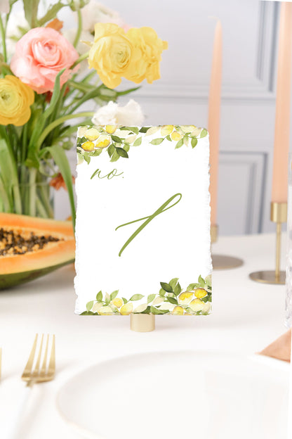 Yellow Lemons Watercolor Table Numbers | Handmade Paper