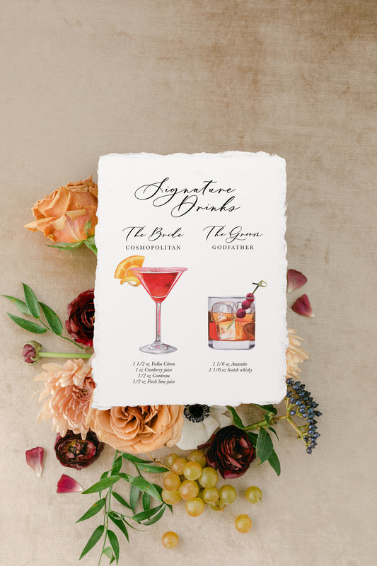 Semi-custom Watercolor Cocktail Sign - Handmade Paper With Calligraphy Font