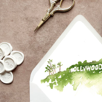 Los Angeles Hollywood Watercolor Euroflap Envelope Liner | Set of 10 | For 5x7” invitations