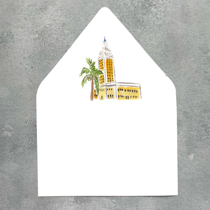 Downtown Miami Florida Watercolor Euroflap Envelope Liner | Set of 10 | For 5x7” invitations