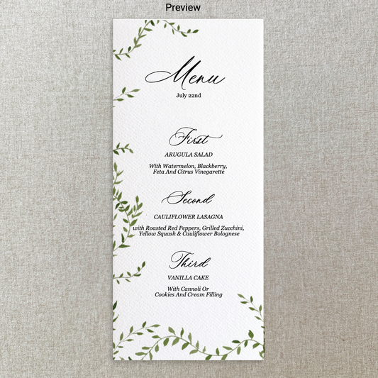 Green Ivy Watercolor Menu