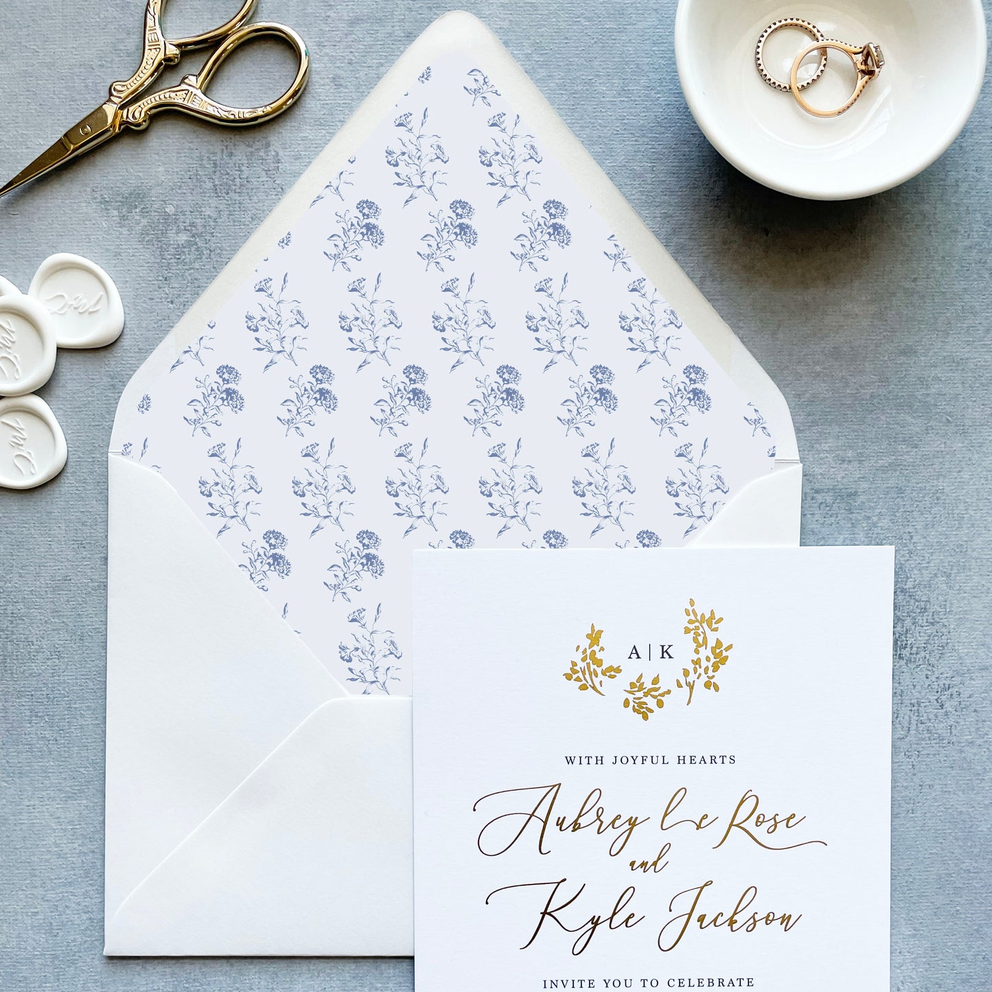 Dusty Blue Toile Euroflap Envelope Liner | Set of 10 | For 5x7” invitations