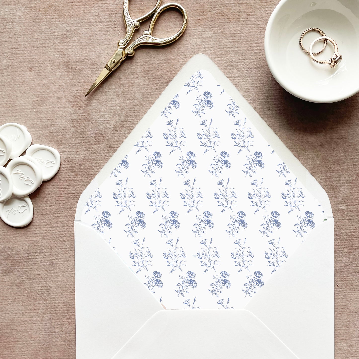 Dusty Blue Toile Euroflap Envelope Liner | Set of 10 | For 5x7” invitations
