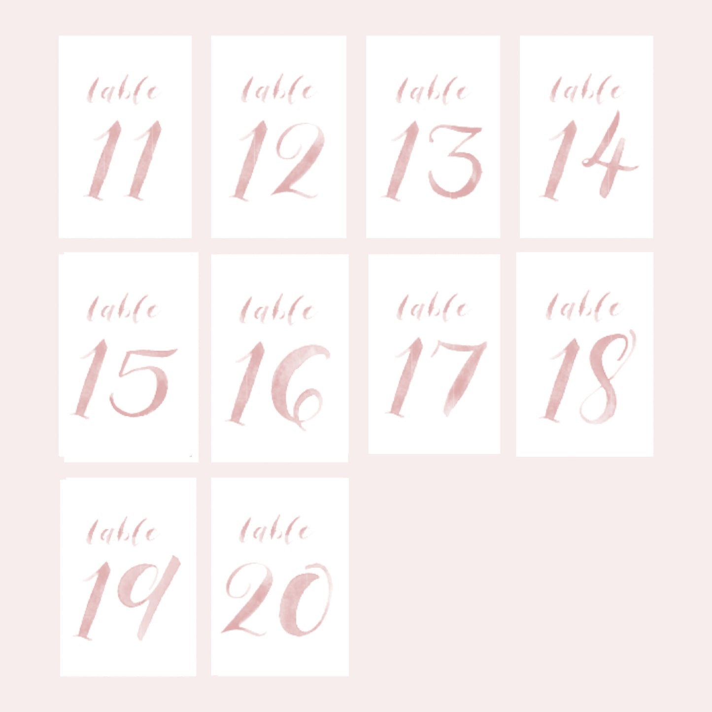 Blush Pink Watercolor Table Numbers | Handmade Paper