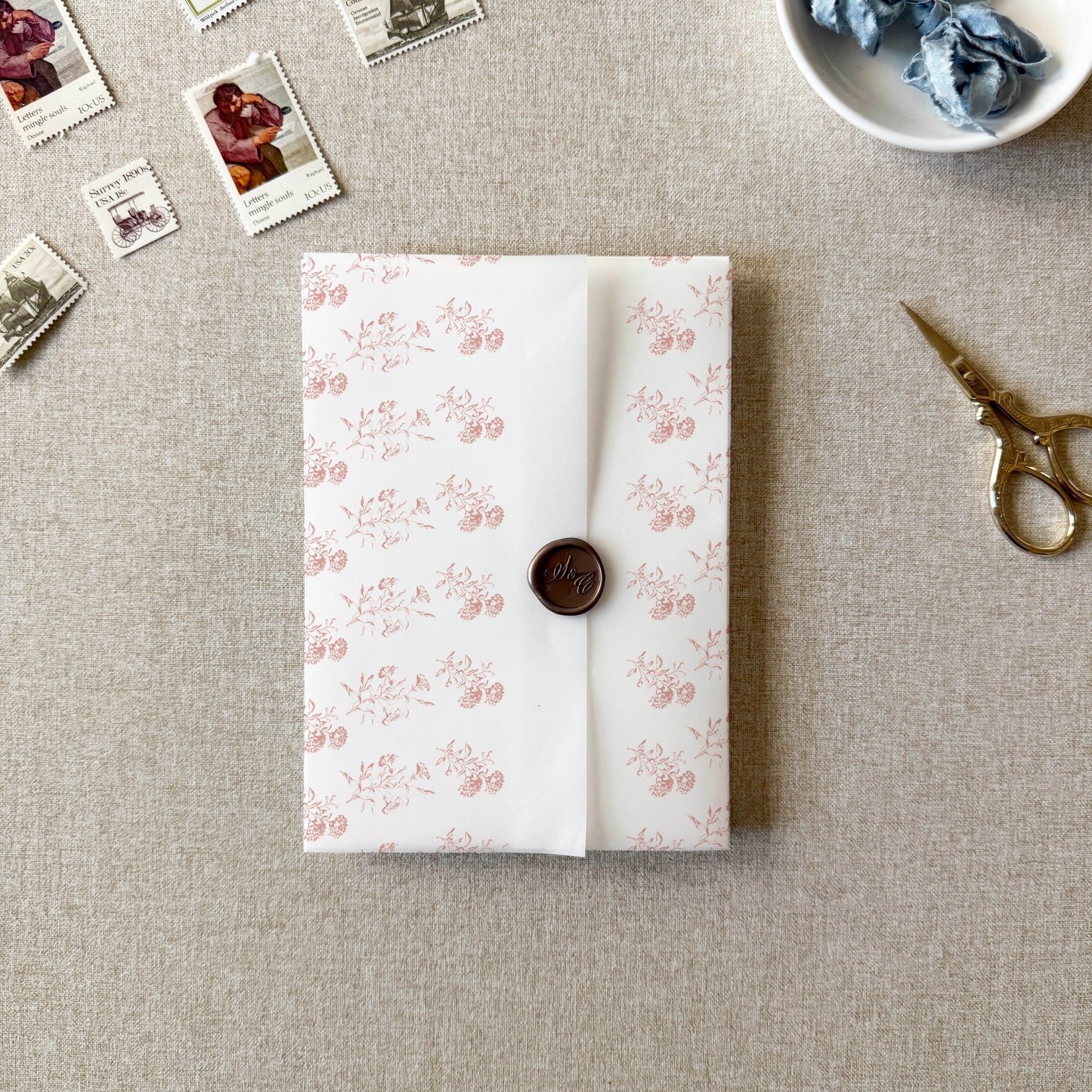 Blush Pink Toile Floral Vellum Wrap | A7 | Set of 10