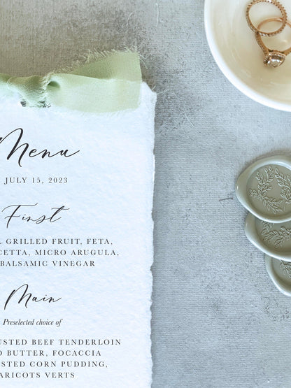 Handmade Paper Menu with Sage Ribbon | Set of 10