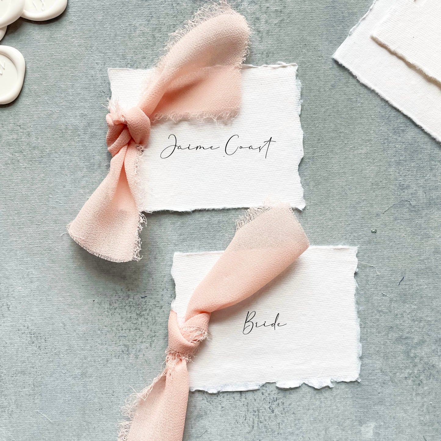 Handmade Paper Place Card with Blush Ribbon | Set of 10 | Printed