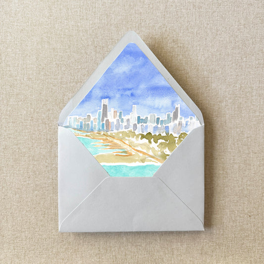 Chicago Skyline Watercolor Euroflap Envelope Liner | Set of 10 | For 5x7” invitations
