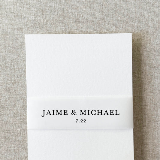 Custom wedding belly band printed with couple's names and wedding date