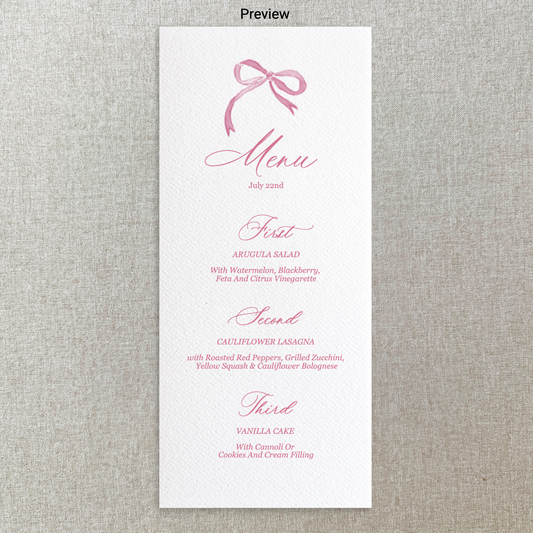 Girl Baby Shower Pink Bow Menu