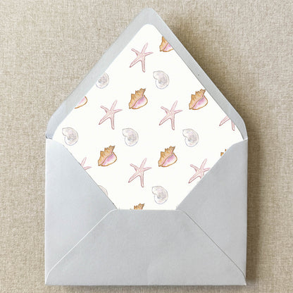 Tropical Seashell Envelope Liner on linen background