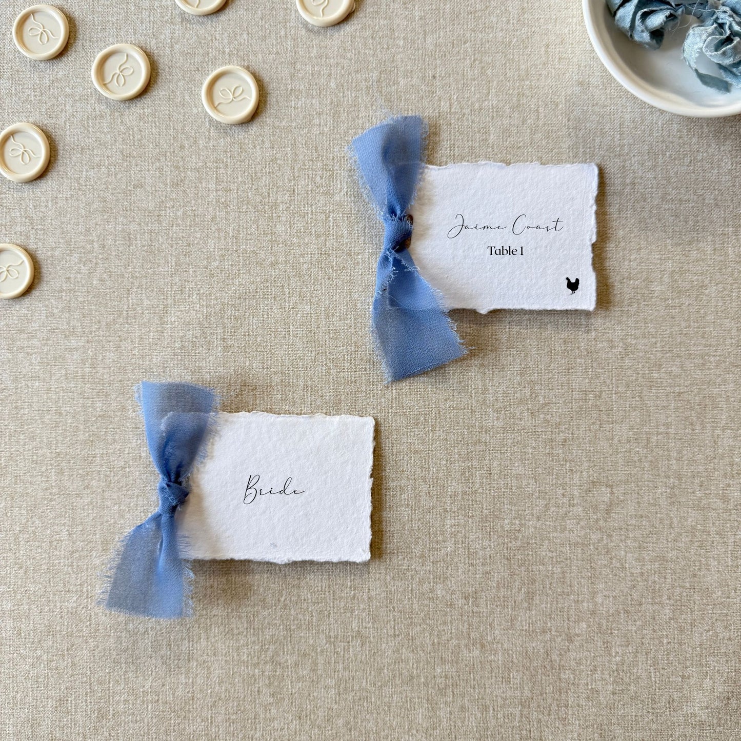 Handmade Paper Place Card with Dusty Blue Ribbon | Set of 10 | Printed