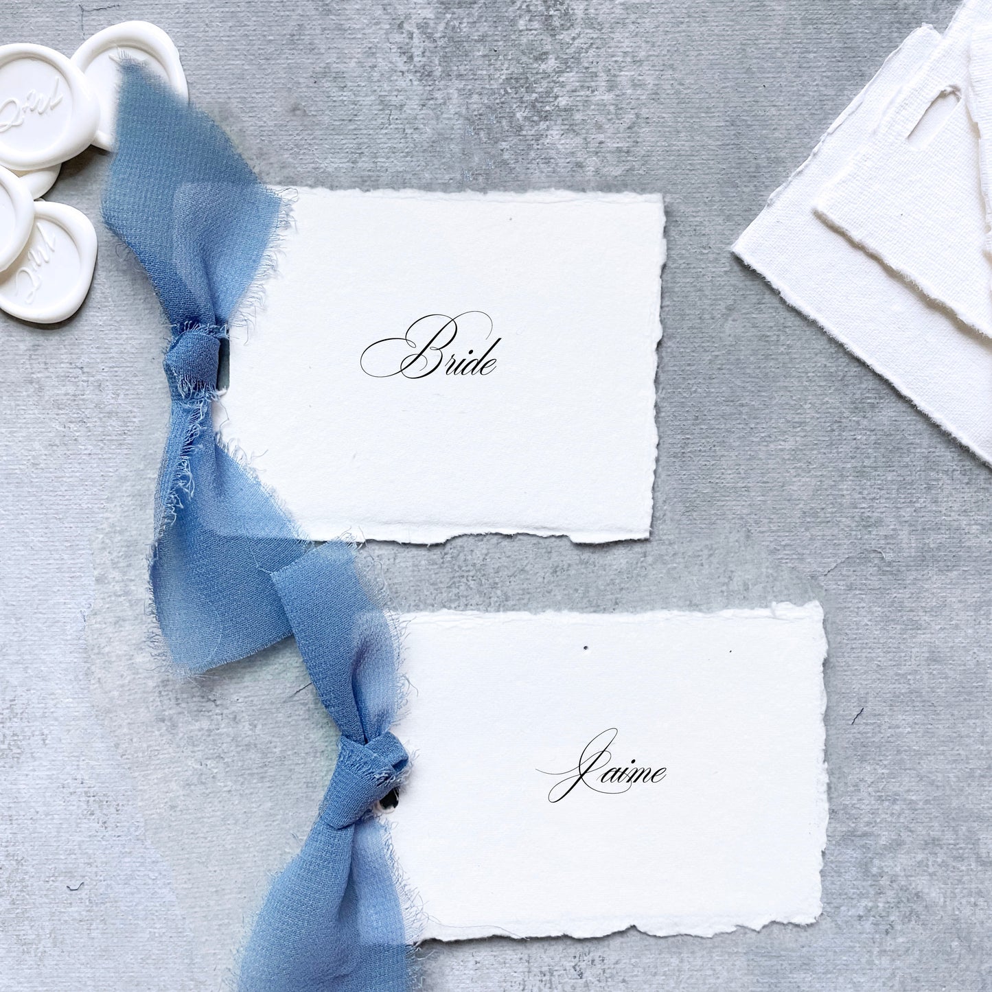 Handmade Paper Place Card with Dusty Blue Ribbon | Set of 10 | Printed