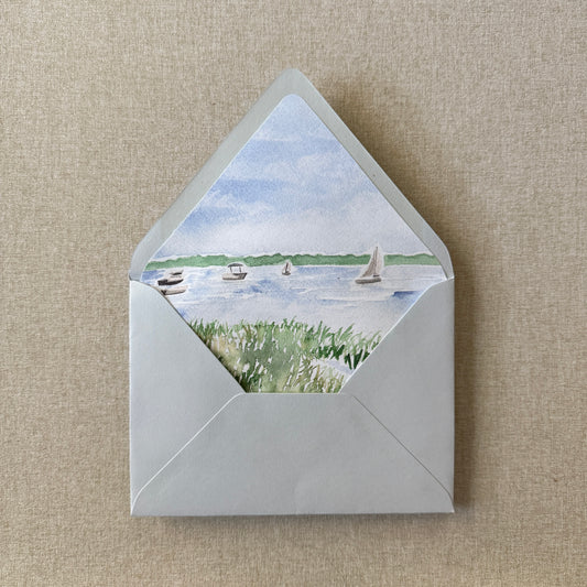 New England Boats in Harbor Watercolor Euroflap Envelope Liner | Set of 10 | For 5x7” invitations