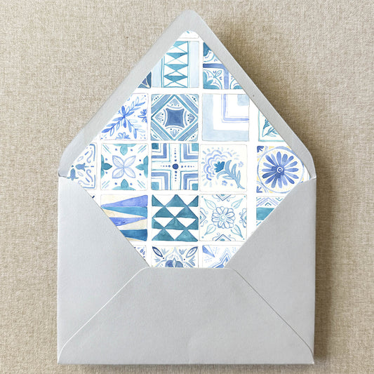 Blue Mexican Mediterranean Tile Envelope Liner on linen background