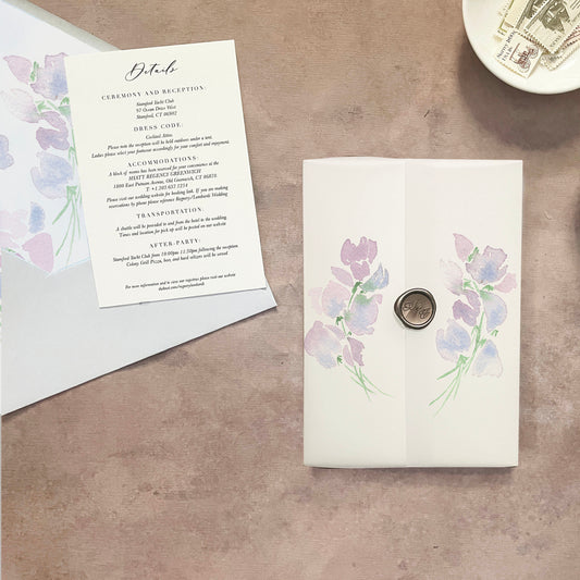 purple floral vellum jacket 5x7, printed vellum paper, wedding vellum wrap, lilac wedding invitation lavender, watercolor invitation wrapper