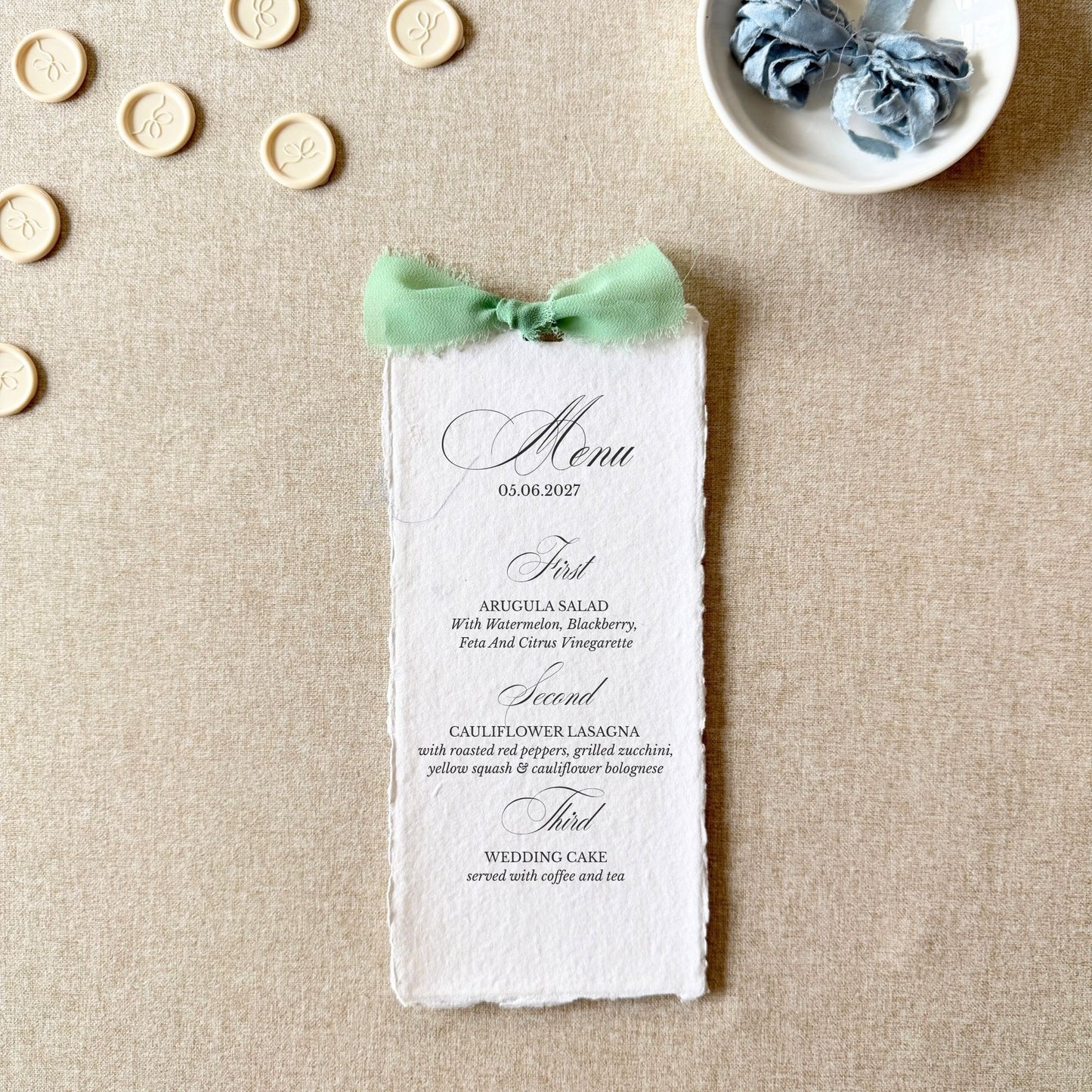Handmade Paper Menu with Sage Ribbon | Set of 10