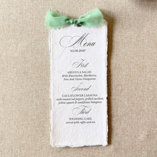 Handmade Paper Menu with Sage Ribbon | Set of 10