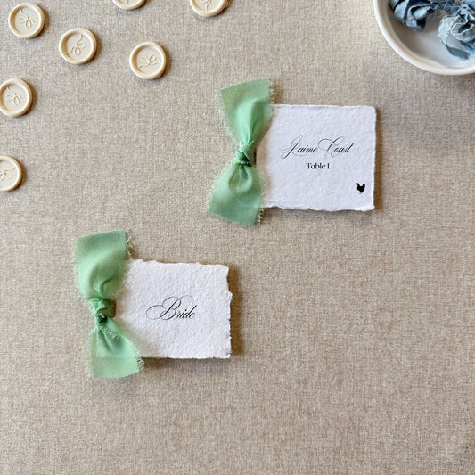Handmade Paper Place Cards with Sage Green Ribbon | Set of 10 | Printed