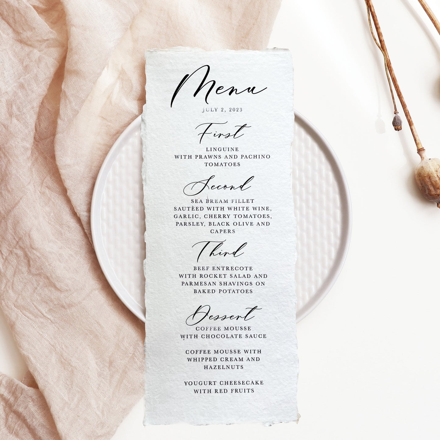 Semi-custom Calligraphy Handmade Paper Wedding Menu | Set of 10 | Printed