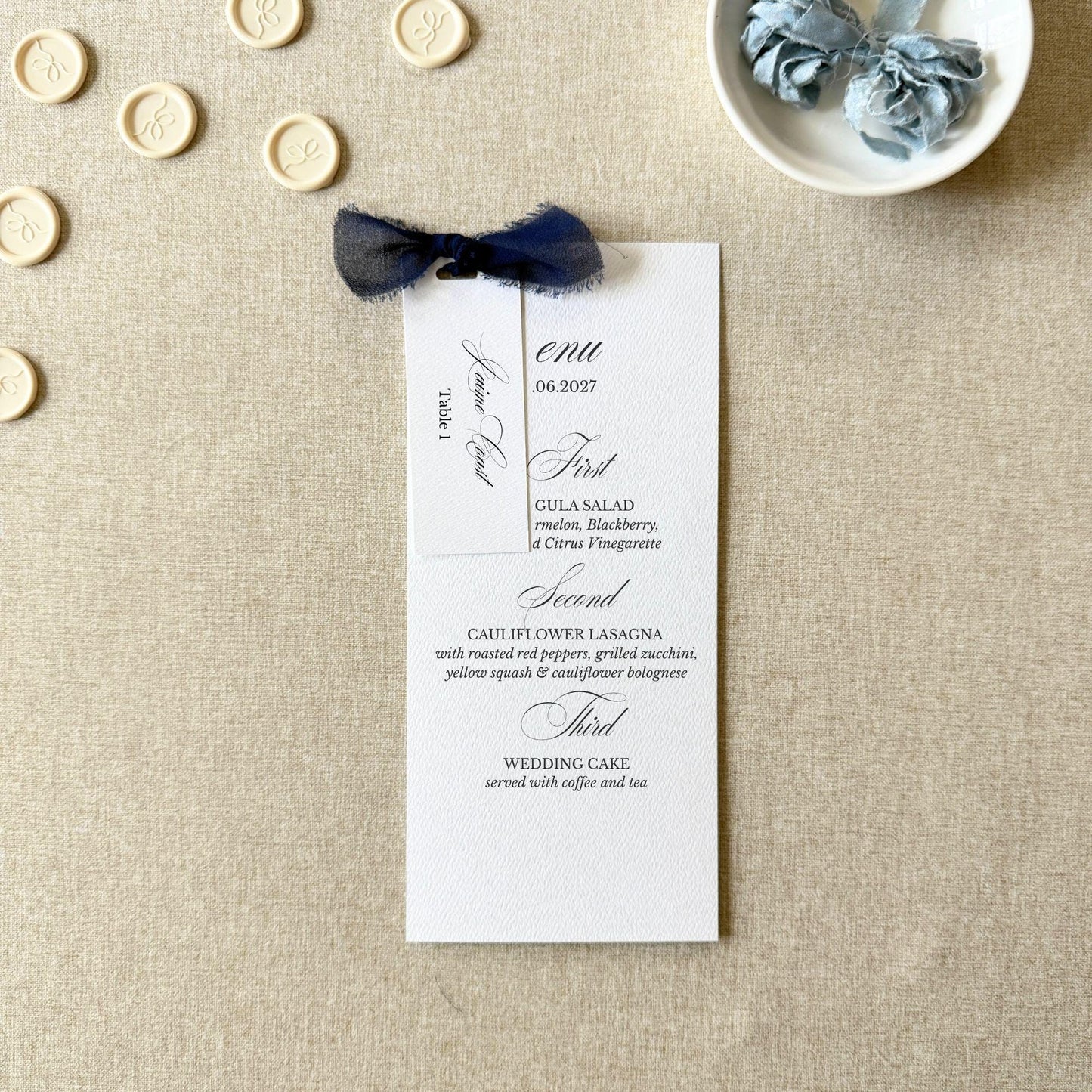 Navy Blue Dinner Menus with Place Cards | Set Of 10