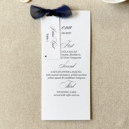 Navy blue dinner menus with place cards for wedding or rehearsal dinner, set of 10