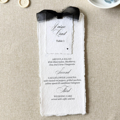 Black and white wedding menus with name cards printed on handmade paper, set of 10