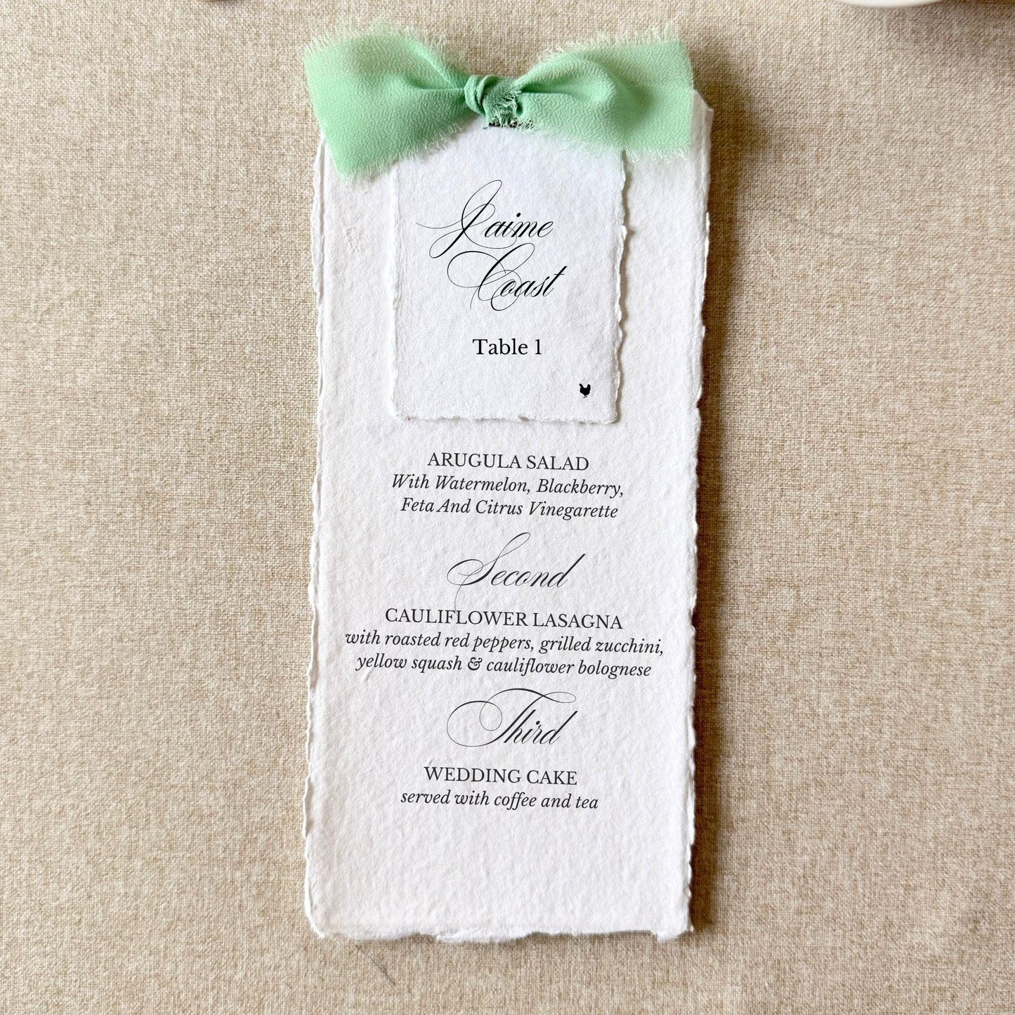 Sage green wedding menus with name cards on handmade paper, set of 10
