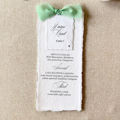 Sage green wedding menus with name cards on handmade paper, set of 10