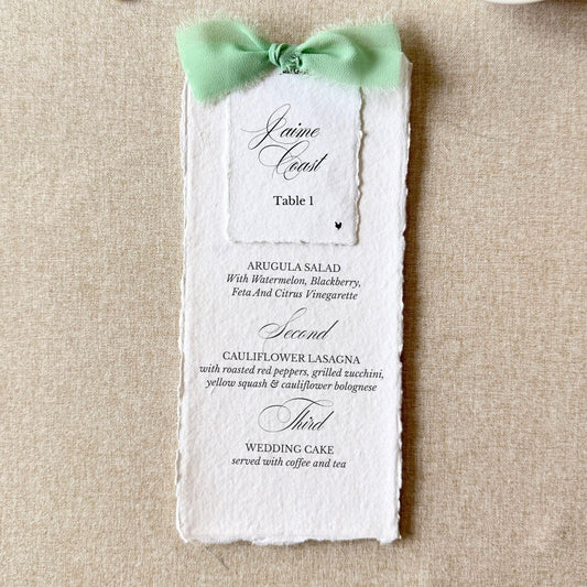 Sage green wedding menus with name cards on handmade paper, set of 10