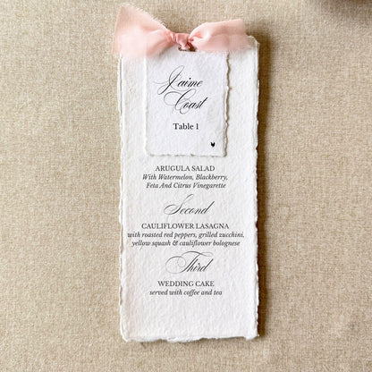 Blush pink bridal shower menus with name cards on handmade paper, set of 10