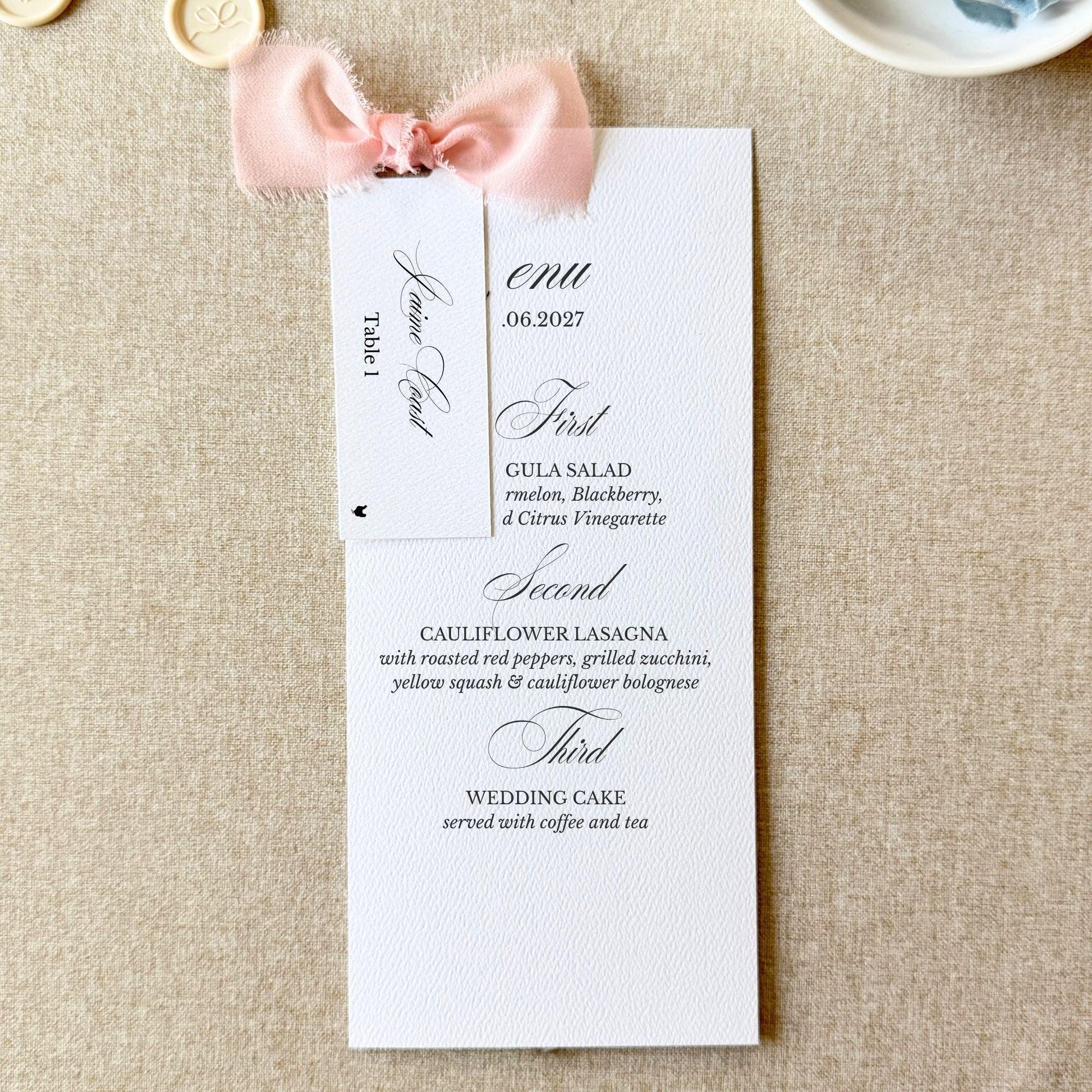 Blush pink wedding dinner menu cards with matching name cards, set of 10