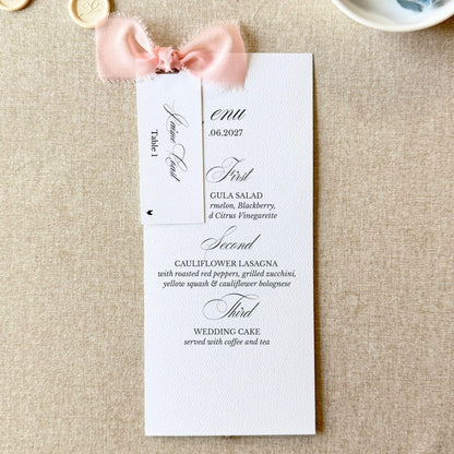 Blush pink wedding dinner menu cards with matching name cards, set of 10