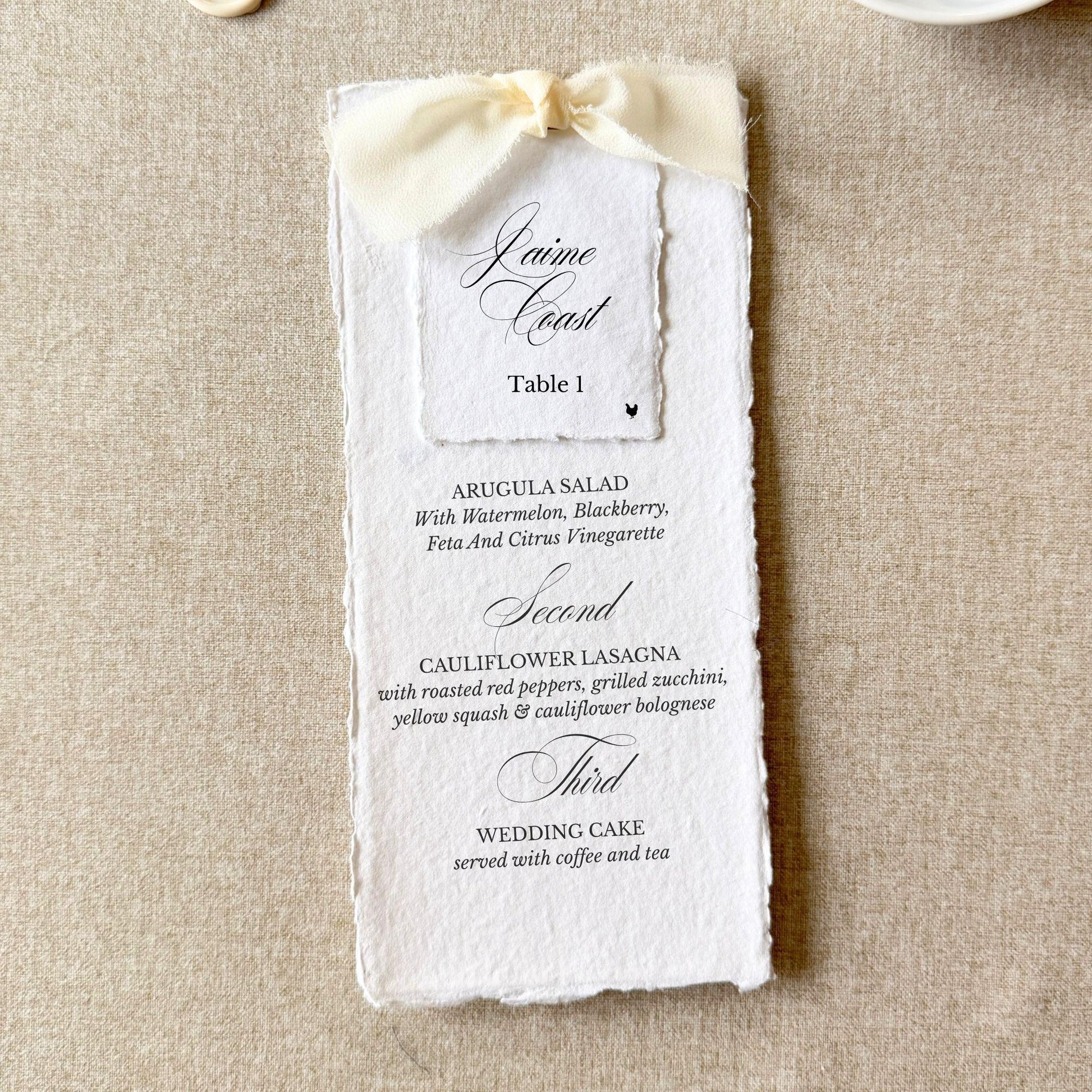 Ivory wedding dinner menus with name cards on handmade paper, set of 10